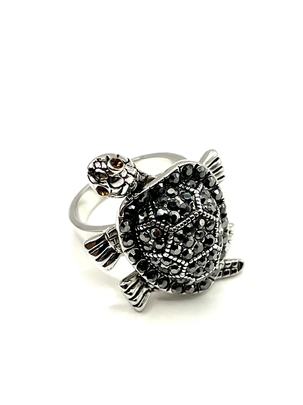 Turtle Ring Articulated Silver Tone Rhodium Plated Patience Knowledge